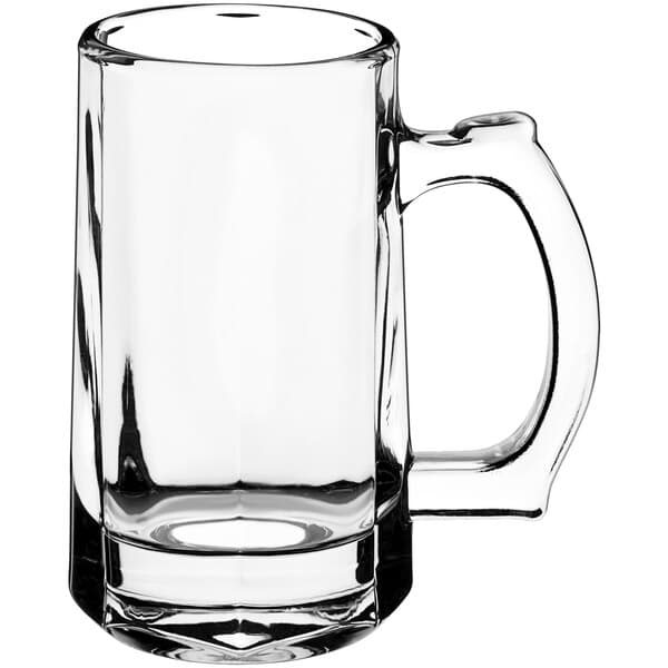 A case of 12 clear glass Acopa beer mugs with handles.