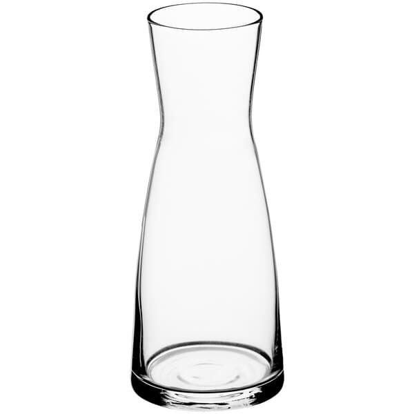 An Acopa clear glass carafe with a white background.