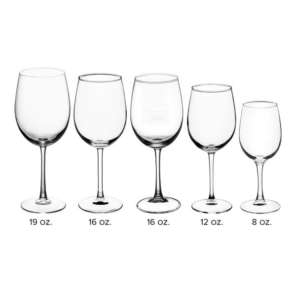 A row of Acopa Select Flora wine glasses with a close up of one glass.