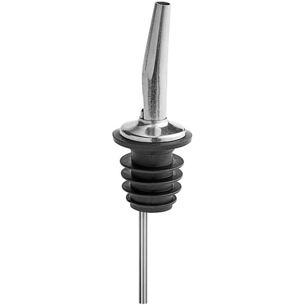 A close-up of a silver Acopa stainless steel liquor pourer with a metal spout.