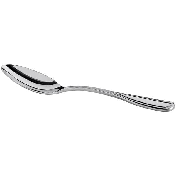 The handle of an Acopa Saxton demitasse spoon with a silver finish.
