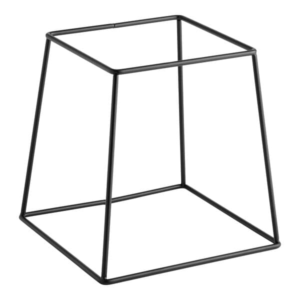 A black metal square display stand with an open geometric frame design.