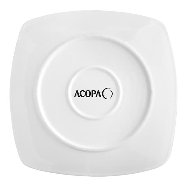 An Acopa bright white square porcelain coupe plate with black Acopa text.