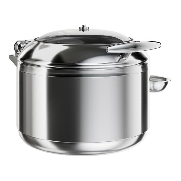 An Acopa Voyage stainless steel soup chafer with a soft-close lid.