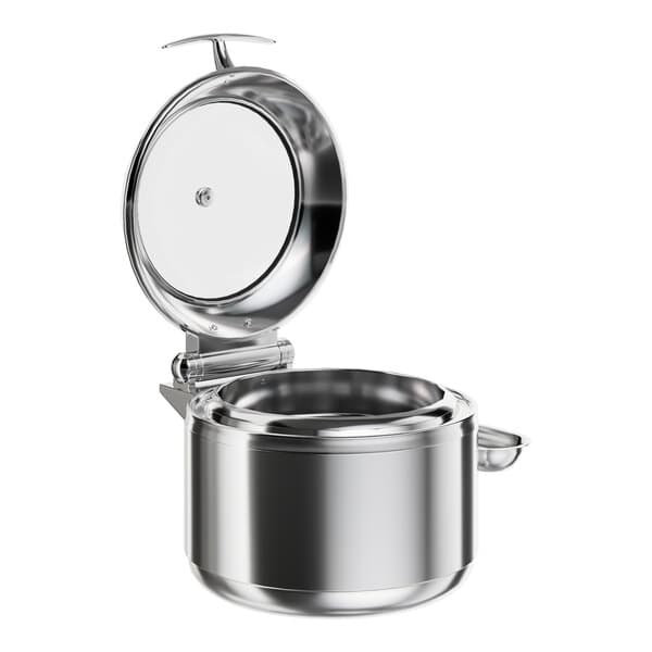 An Acopa stainless steel soup chafer with a soft-close lid.