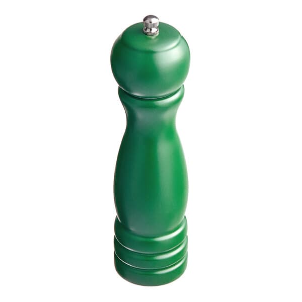 An Acopa matte green wooden pepper mill.