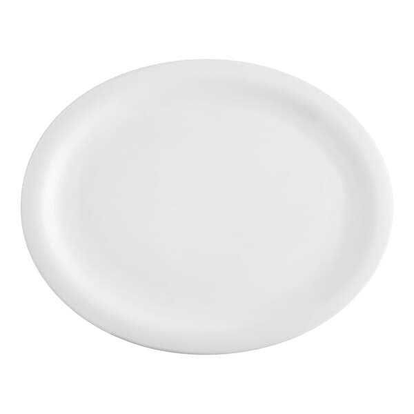 An Acopa bright white stoneware platter with a narrow white rim.