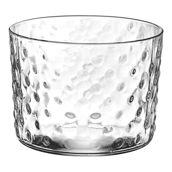 A clear glass Acopa hobnail bowl.