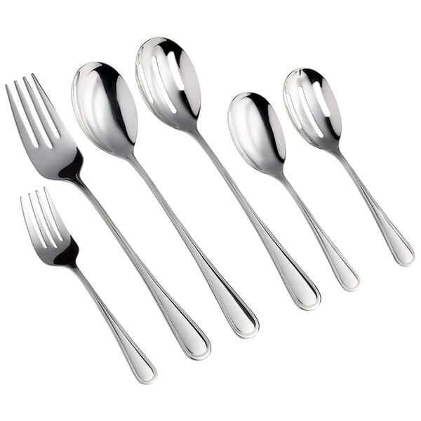 An Acopa Edgeworth stainless steel slotted spoon with a fork and spoon.