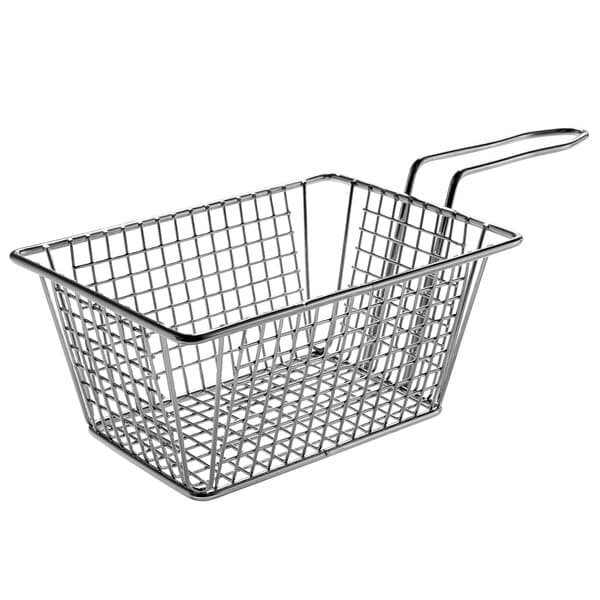 An Acopa chrome rectangular mini fry basket with a handle.