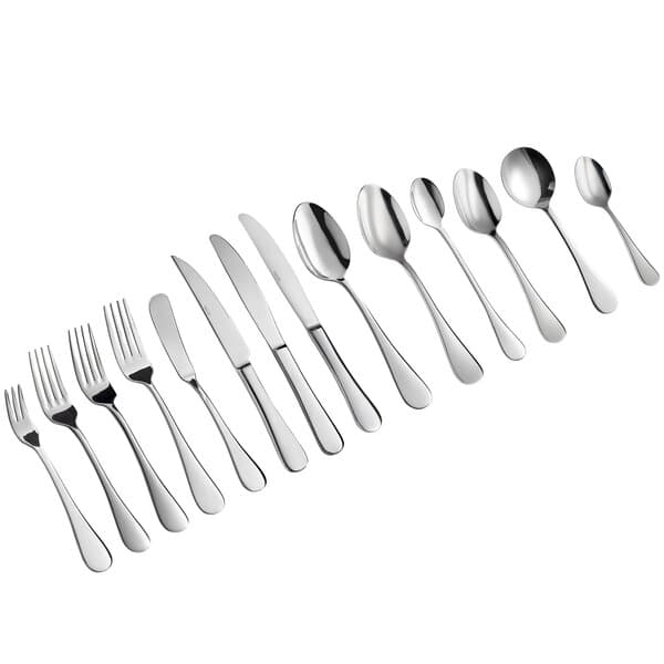 A row of Acopa Vernon stainless steel salad/dessert forks.