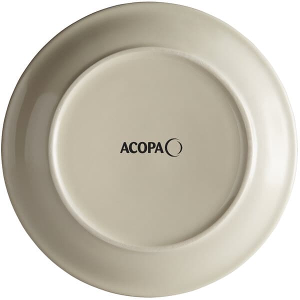 A white Acopa stoneware plate with black text reading "Acopa" on the narrow rim.