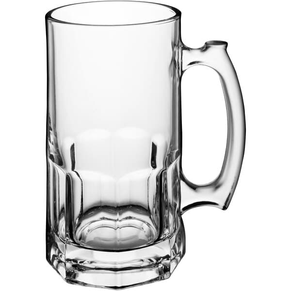 A clear glass Acopa beer mug with a handle.