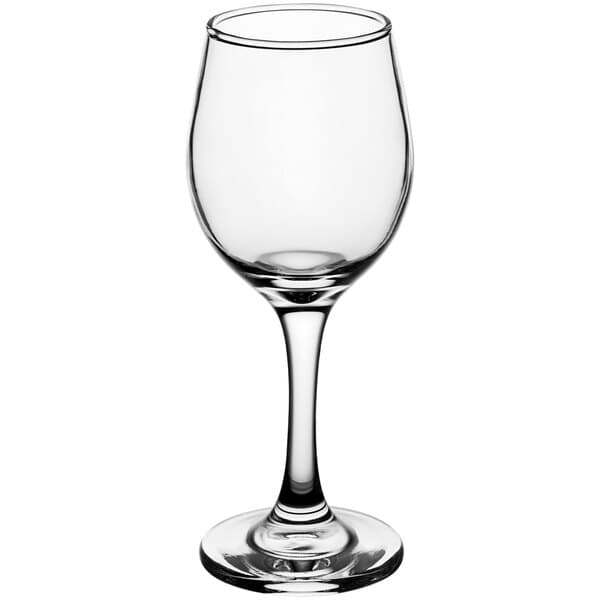 An Acopa clear wine glass with a short stem.