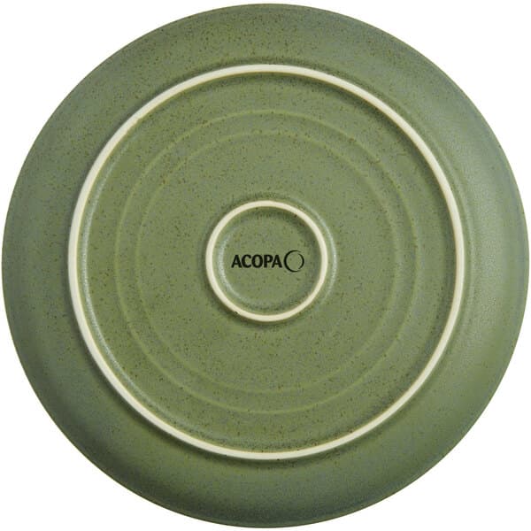A close-up of an Acopa Moss Green Matte Coupe Stoneware Plate with a circular design in white.