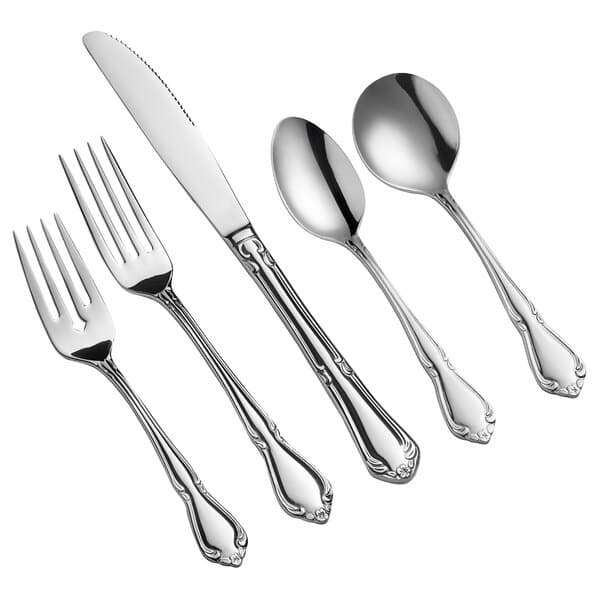 A close-up of an Acopa Blair stainless steel spoon and fork on a white background.