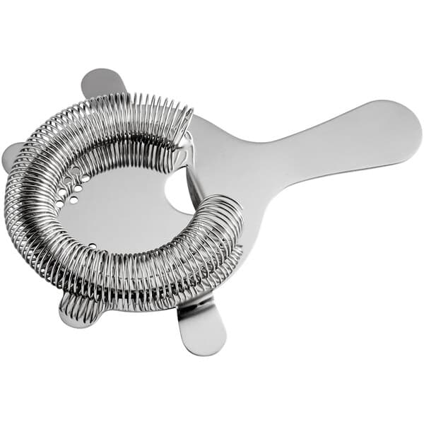 A silver metal Acopa Hawthorne strainer with a handle and 4 prongs.