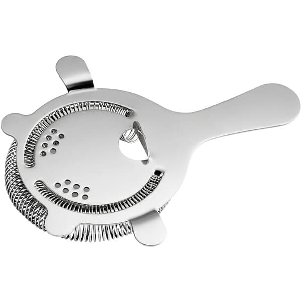 An Acopa silver metal Hawthorne strainer with a handle and 4 prongs.