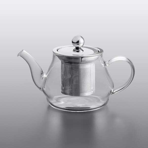 An Acopa Azalea glass teapot with a stainless steel infuser.