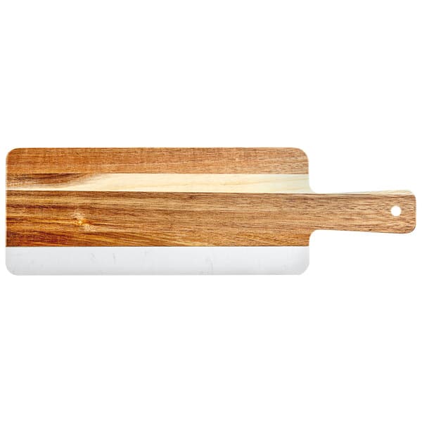 An Acopa acacia wood serving board with a handle.