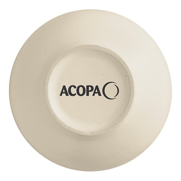 A white Acopa stoneware bowl with black text reading "Embers" on it.