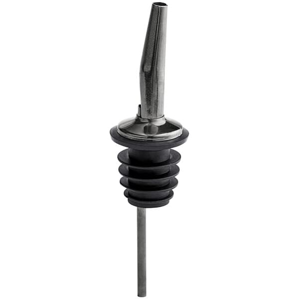 An Acopa black metal liquor pourer with a black stopper.