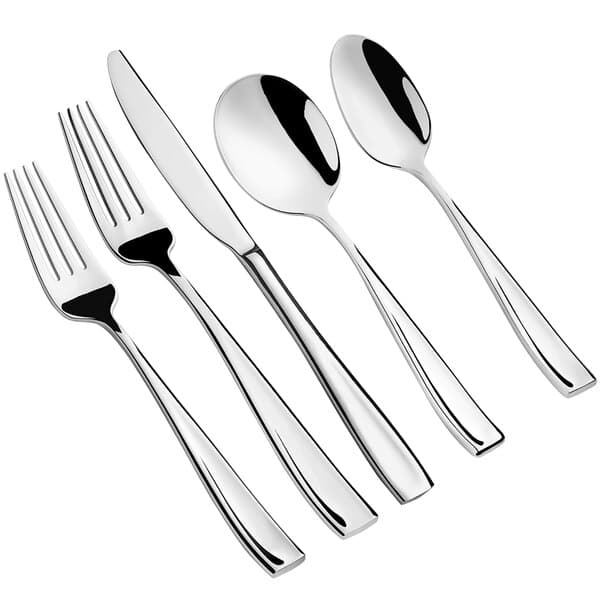 A close-up of an Acopa Monte Bianco stainless steel flatware set with a fork, knife, and spoon.