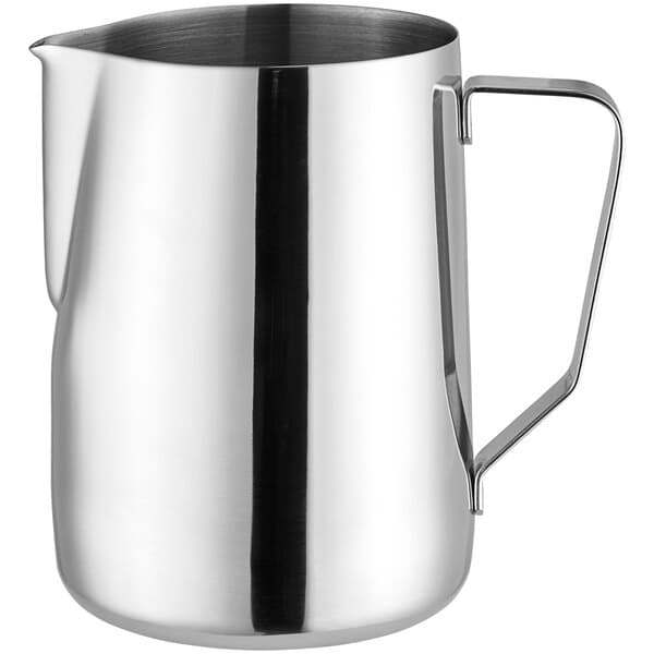 An Acopa stainless steel frothing pitcher with a handle.