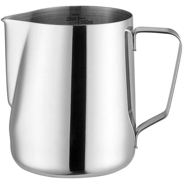 An Acopa stainless steel frothing pitcher with a handle.