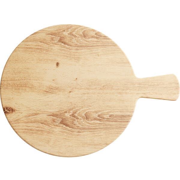 An Acopa light oak faux wood melamine serving board with a handle.