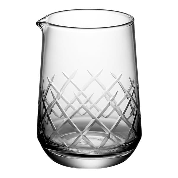 An Acopa clear glass stirring/mixing glass with a diamond pattern.