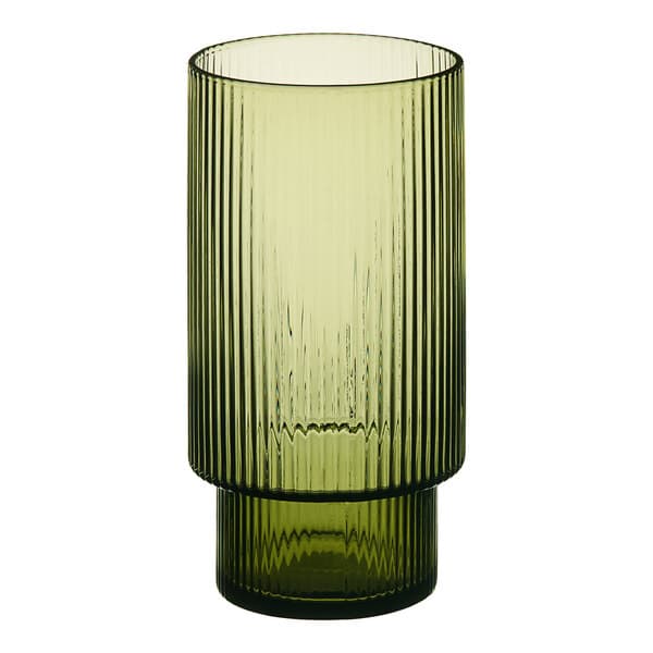 An Acopa Lore green highball glass with a thin stripe.