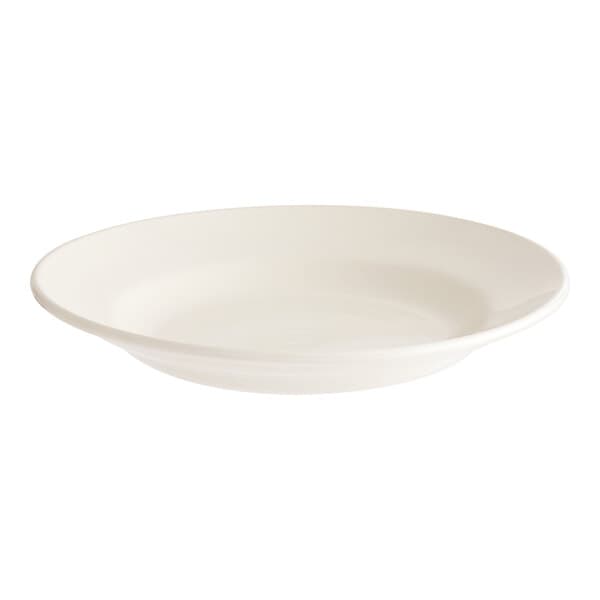 An Acopa ivory stoneware bowl with a wide rim on a white background.